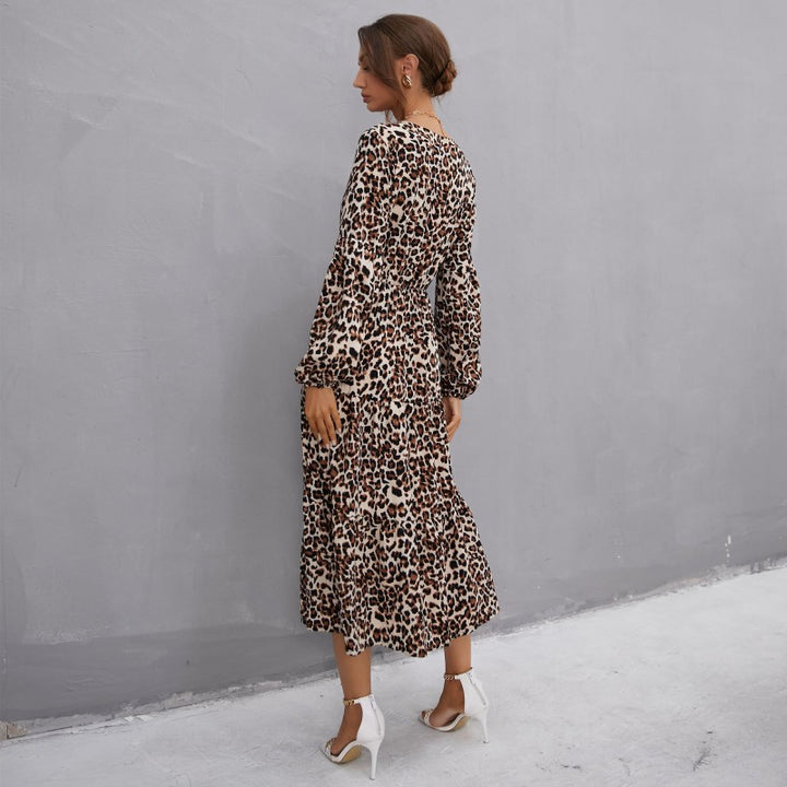 Damen Midikleid im Leo-Print mit V‑Ausschnitt, Knopfleiste, Kordeltaillen und Stufenrock Drune