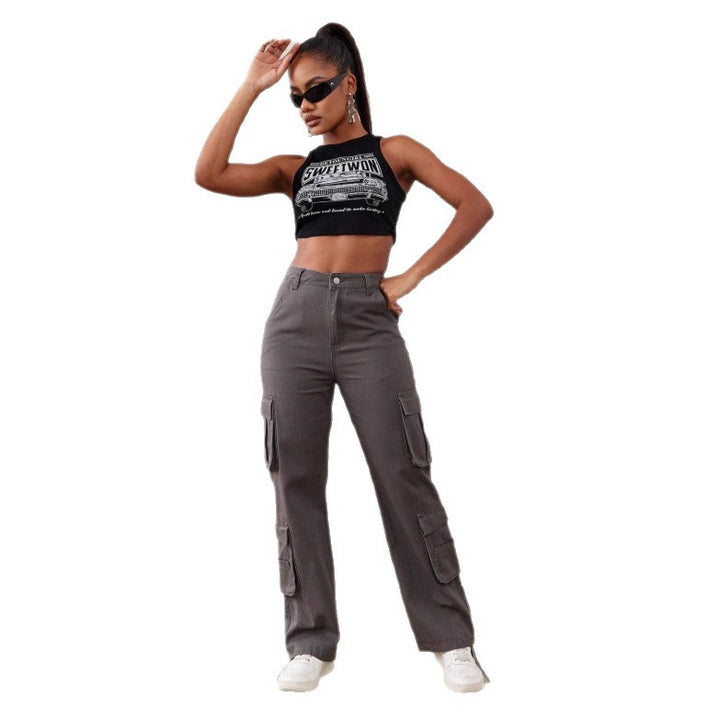 Damen Utility-Cargo-Hose mit weitem Bein, Mehrfach-Taschen und taillenhoher Passform Drune