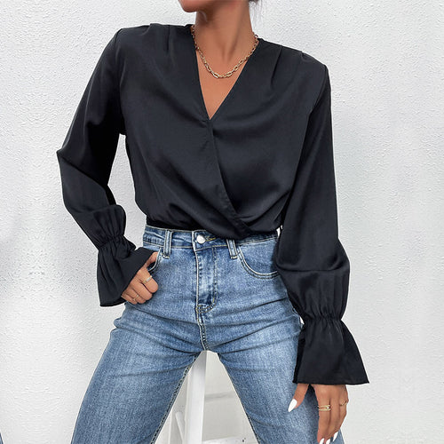 Damen Satin-Body mit Wickel-V-Ausschnitt, tailliertem Rippbund und Volantärmeln Drune