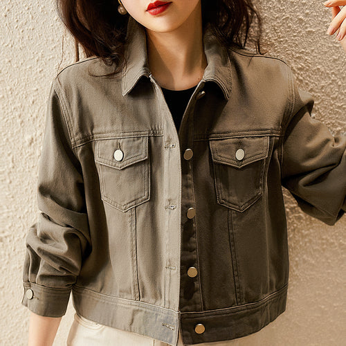 Damen Kurzjacke aus strapazierfähigem Denim mit modischen Druckknöpfen Drune