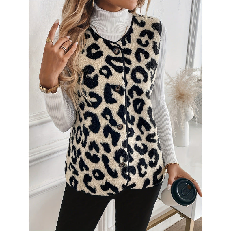Damen Fellweste mit Leopardenmuster und Knopfverschluss Drune
