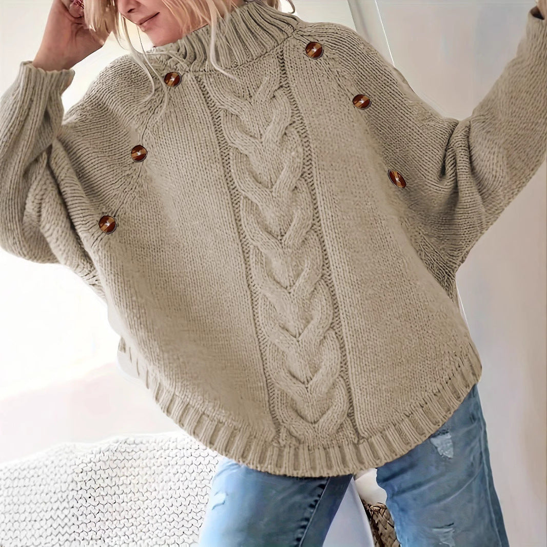 Damen Grober Strickpullover mit modernem Zopfdesign und praktischen Knöpfen Drune