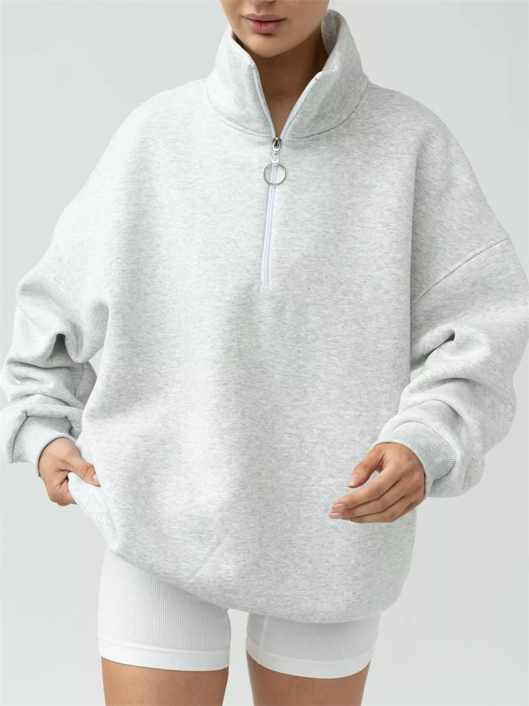 Damen Oversized Halbzip Sweater mit hohem Stehkragen und Rippbündchen Drune