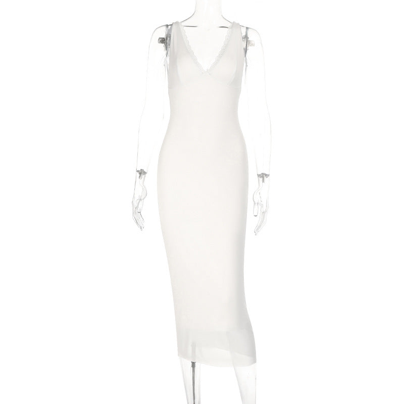 Damen figurbetontes Midikleid mit tiefem V-Ausschnitt und transparentem Rock Drune