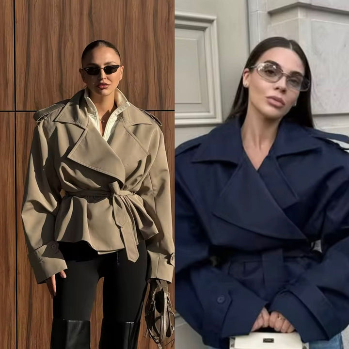 Damen 20+ kurzer doppeltreihiger Trenchblouson mit Taillengürtel und Epauletten Drune