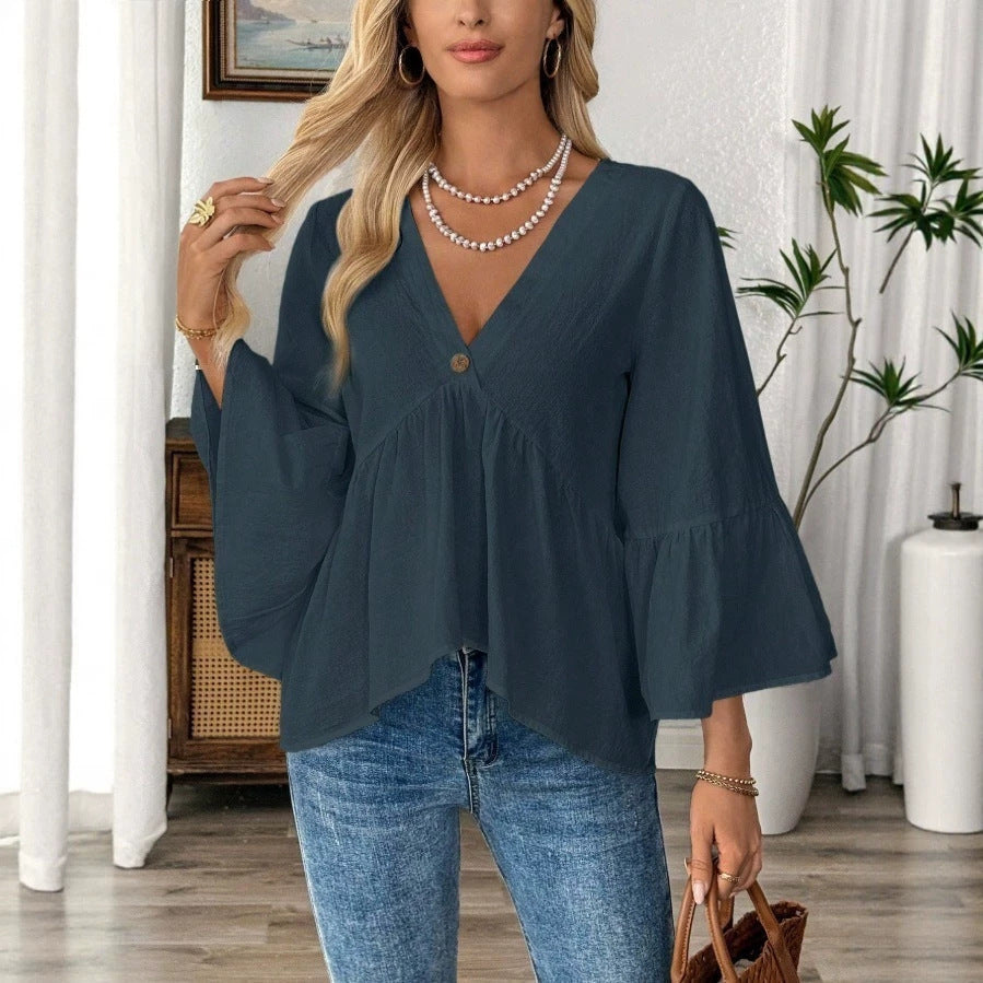 Damen nan elegante Empire-Bluse mit V-Ausschnitt, geraffter Brustnaht und Glockenärmeln Drune