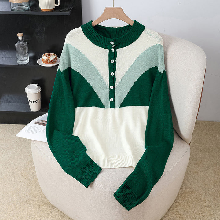 Damen Modischer Strickpullover mit Knopfleiste und Farbblockdesign Drune