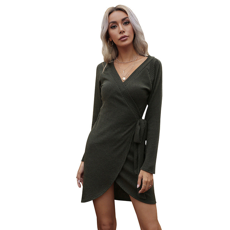 Damen Wickel-Strickkleid mit Rippstruktur und Taillengürtel Drune