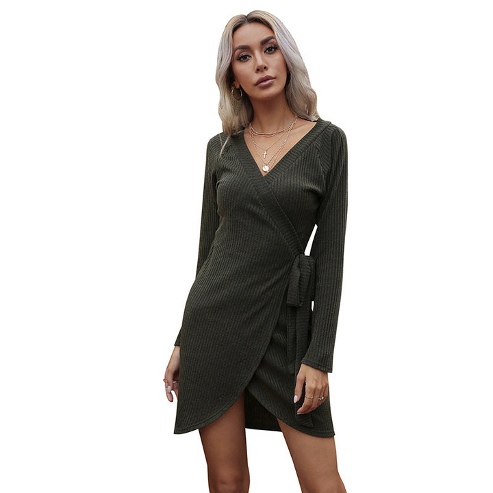Damen Wickel-Strickkleid mit Rippstruktur und Taillengürtel Drune