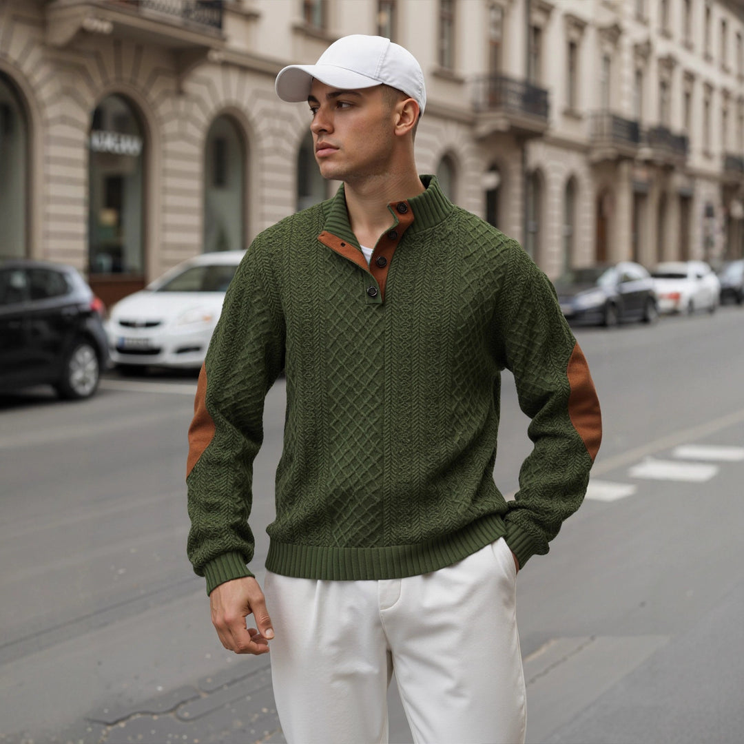 Herren Troyer-Pullover mit Stehkragen, strukturierter Strickoptik und Kontrast-Ellbogenpatches Drune