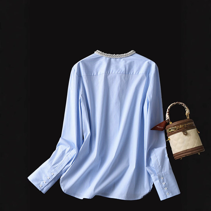 Damen Gestreifte Bluse mit perlenbesetztem Rundhals, verdeckter Knopfleiste und extra langen Manschetten Drune