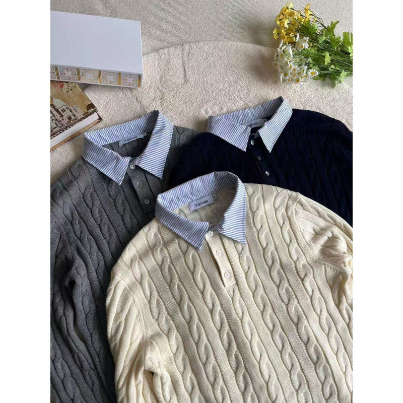 Damen nan gestrickter Polo-Pullover mit Zopfmuster und eingesetztem Hemdkragen Drune