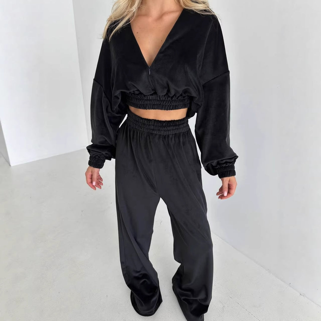Damen lässiges Fleece Set mit weitem Oberteil und elastischer Hose Drune