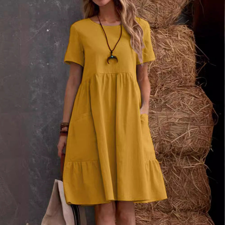 Damen Lockeres Baumwollkleid mit Taschen und Volant Drune