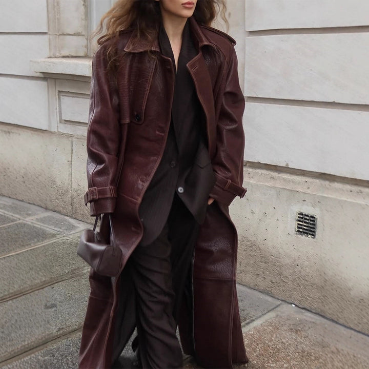 Damen Langer Trenchcoat aus Lederimitat mit Oversize-Schultern und taillierter Silhouette Drune