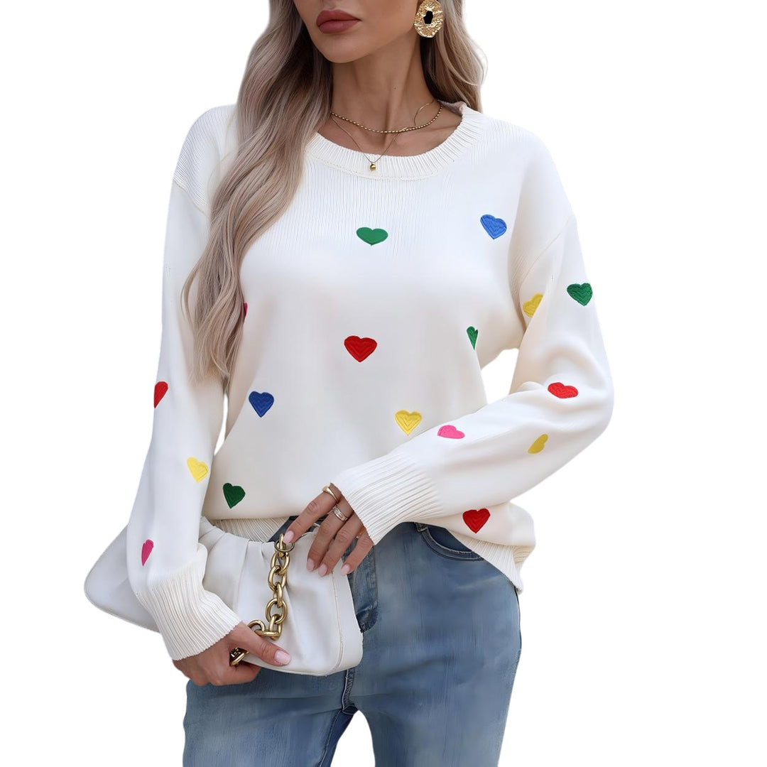 Damen Pullover mit buntem Herzdesign und weitem Schnitt Drune
