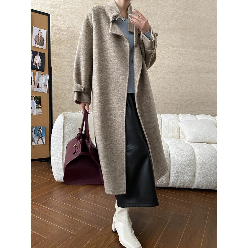 Damen eleganter langer Mantel aus hochwertigem Wollmix mit modischem Revers Drune