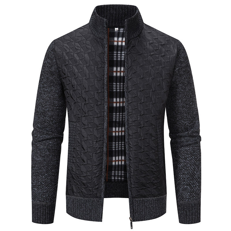 Herren gesteppte Strick‑Hybridjacke mit Stehkragen, durchgehendem Reißverschluss und kariertem Futter Drune