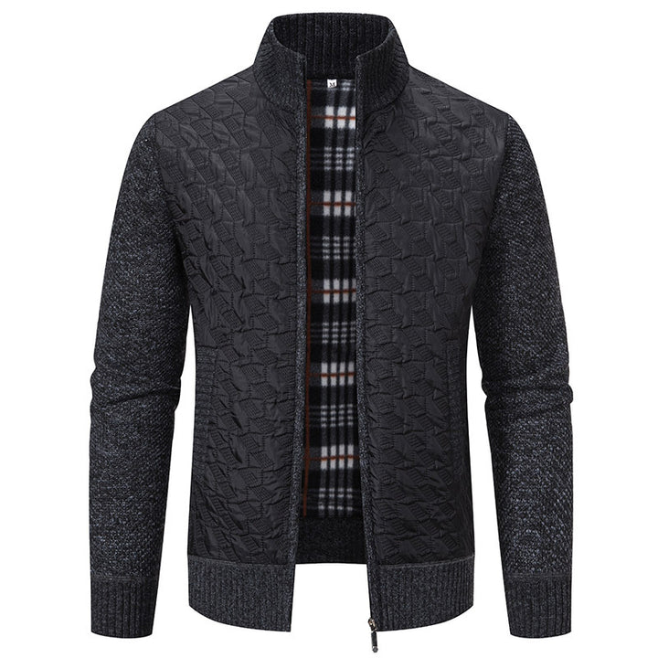 Herren gesteppte Strick‑Hybridjacke mit Stehkragen, durchgehendem Reißverschluss und kariertem Futter Drune