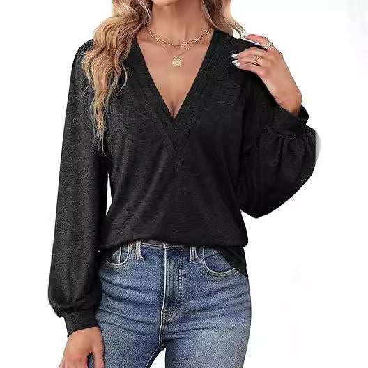 Damen lässiges V-Ausschnitt Shirt mit Puffärmeln und eleganter Raffung Drune