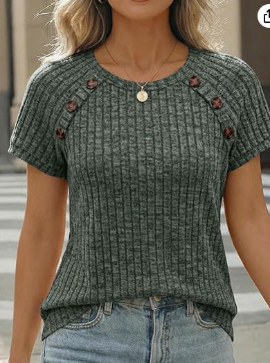 Damen lässiges Rippenstrick-T-Shirt mit Knöpfen Drune