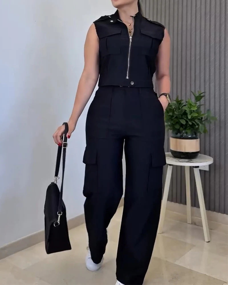 Damen Zweiteiliges Utility-Set mit High‑Waist Cargohose und Cropped‑Weste Drune