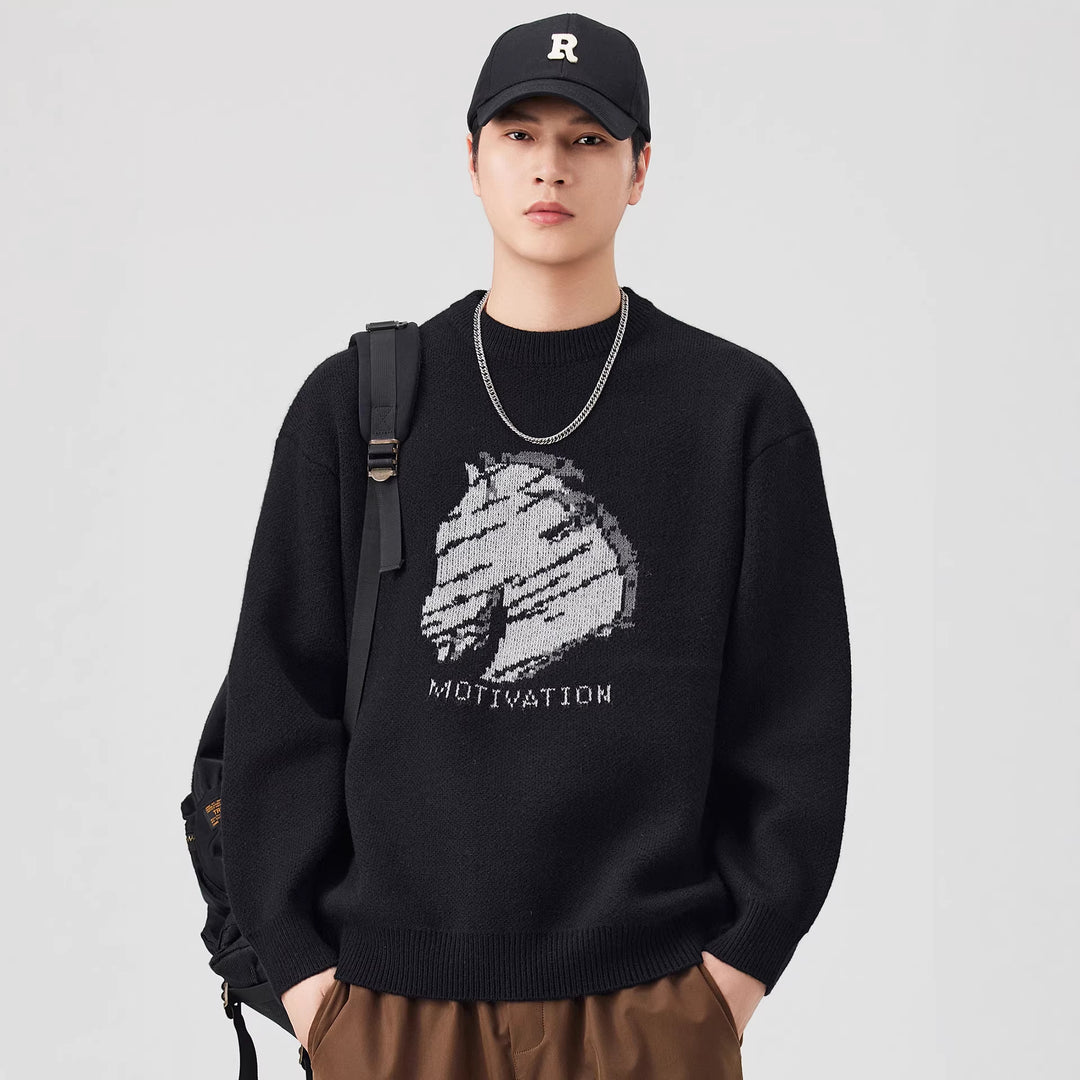 Damen Oversize-Strickpullover mit Intarsienmotiv und Rundhalsausschnitt Drune