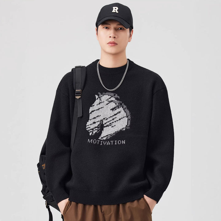 Damen Oversize-Strickpullover mit Intarsienmotiv und Rundhalsausschnitt Drune