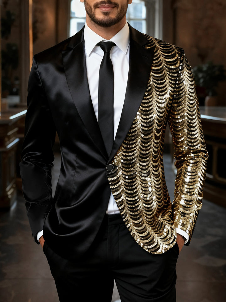 Herren Glamour-Smoking-Sakko mit halbseitigem Paillettenbesatz und Satinrevers Drune