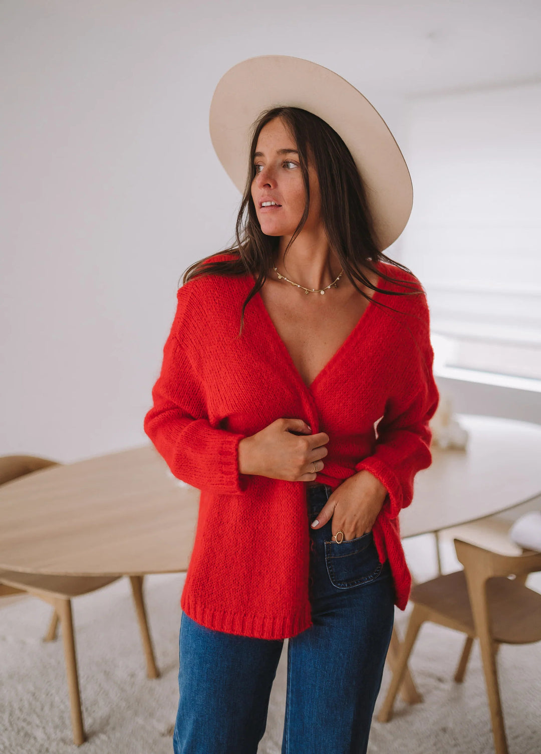 Damen gemütlicher Oversized-Pullover mit tiefem V-Ausschnitt und weicher Textur Drune