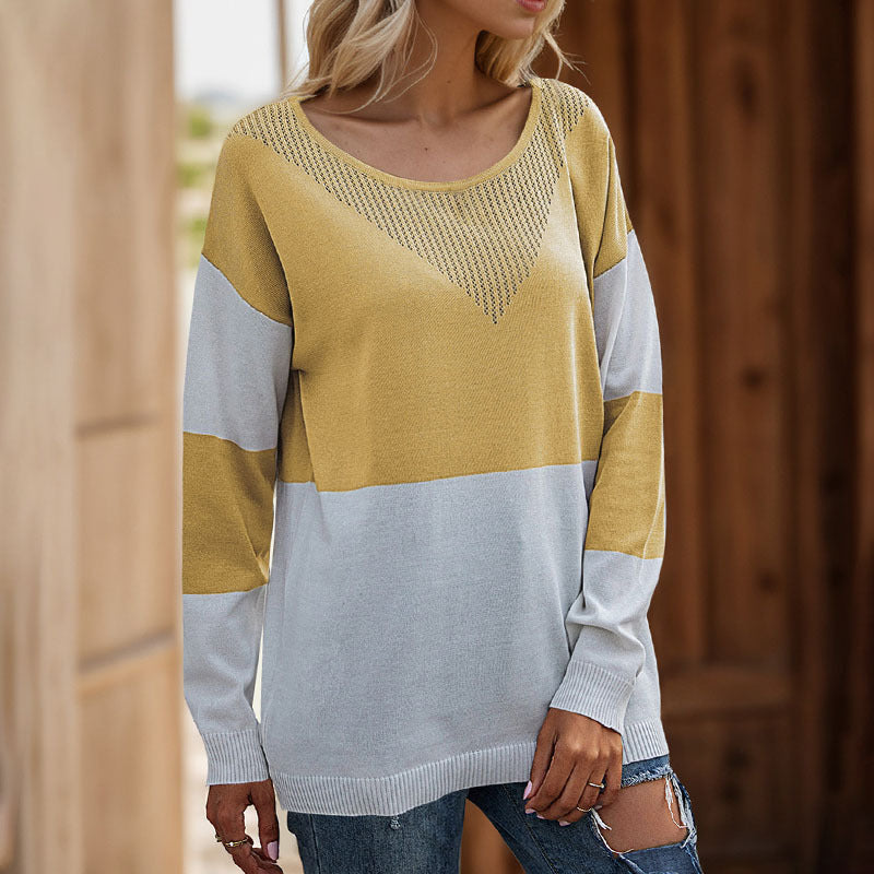 Damen Oversize Strickpullover mit Rundhals, Ajour-Dreieck und Blockstreifen Drune