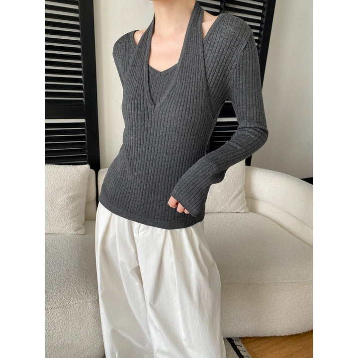 Damen eleganter V-Ausschnitt Strickpullover mit stylischen Cut-Outs Drune
