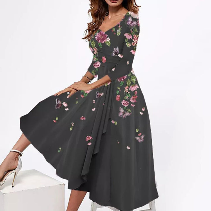 Damen Wickel-Midi-Kleid mit Blumenmuster, asymmetrischem Stufenschnitt und tailliertem Bindegürtel Drune