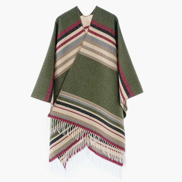 Damen kastiger Capeponcho mit V-Ausschnitt, feinem Fransensaum und gestreifter Webstruktur Drune