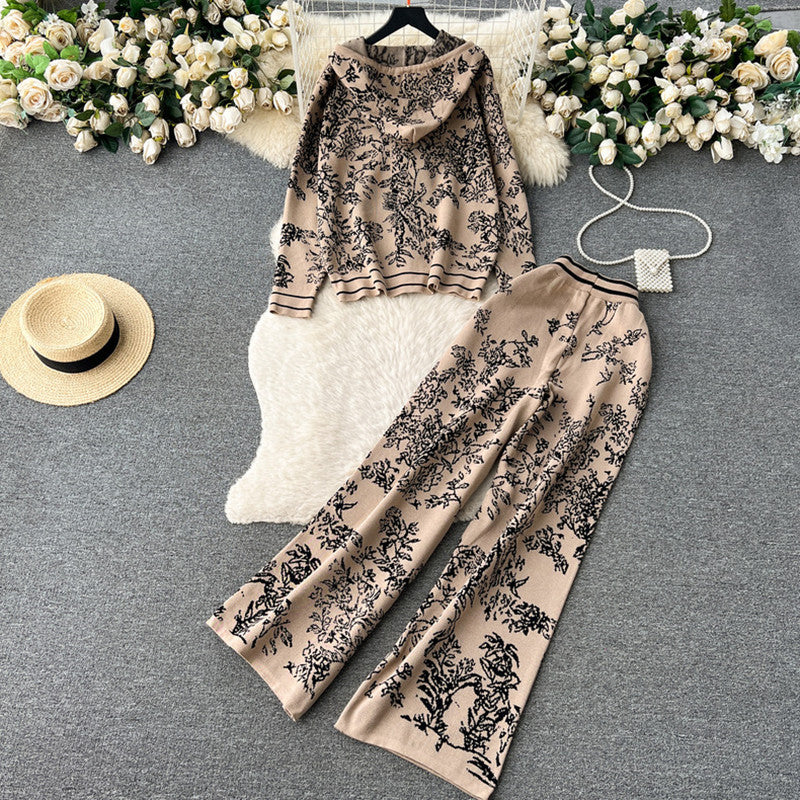 Damen modisches Freizeit-Lounge-Set mit Kapuze und floralem Muster Drune