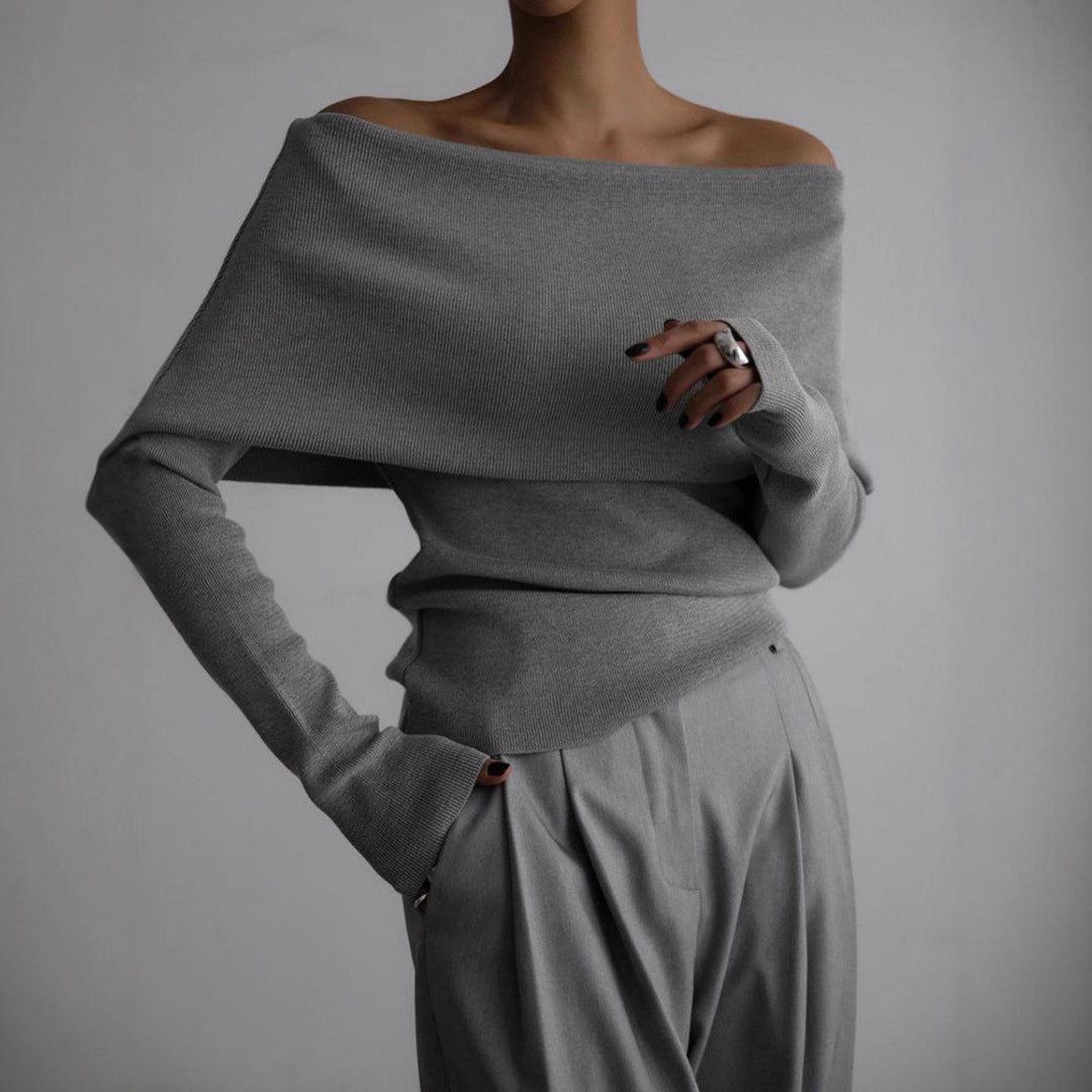 Damen schulterfreier Feinstrick-Pullover mit umlegbarem Carmenkragen Drune