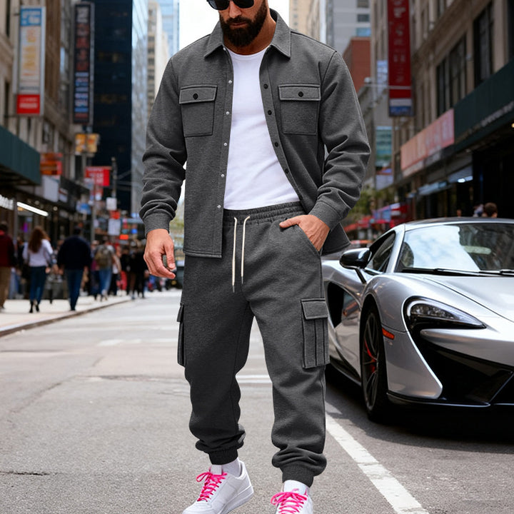 Herren nan lässiges Baumwoll-Misch Overshirt und Cargo-Jogger Set mit Kordelzug, Pattentaschen und elastischen Bündchen Drune