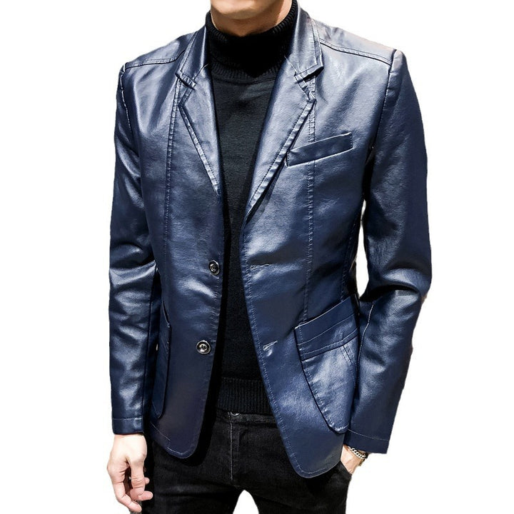 Herren Lässiges Slim-Fit Kunstleder-Sakko mit Reverskragen und aufgesetzten Taschen Drune
