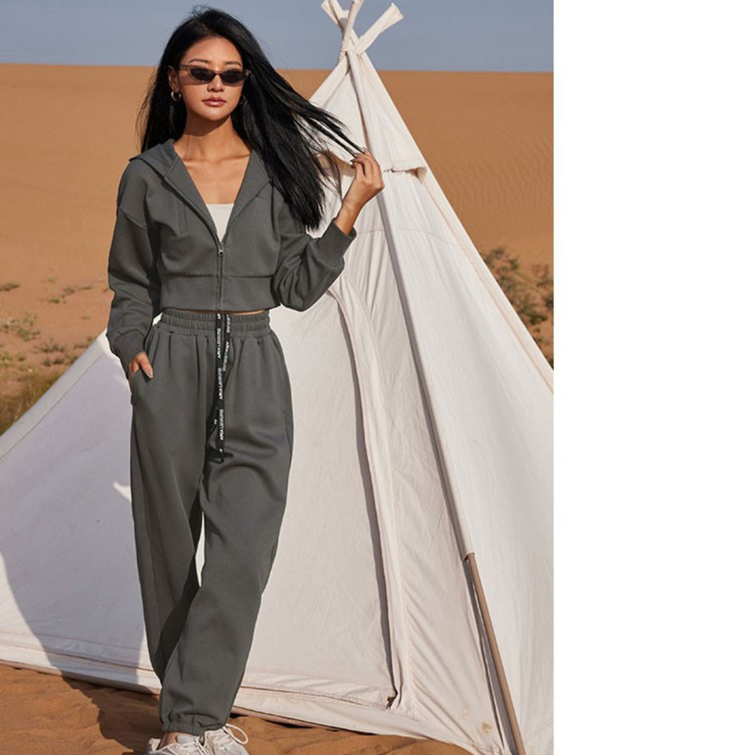 Damen Zweiteiliges Cropped Reißverschluss-Hoodie mit elastischer High-Waist Jogginghose Drune