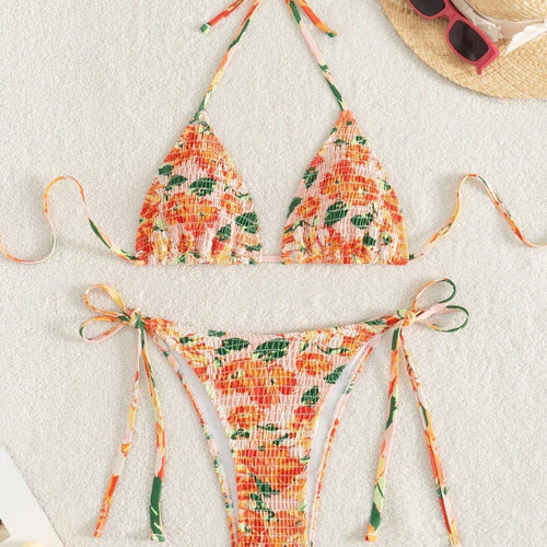 Damen Triangel-Bikini mit floralen Raffungen Drune