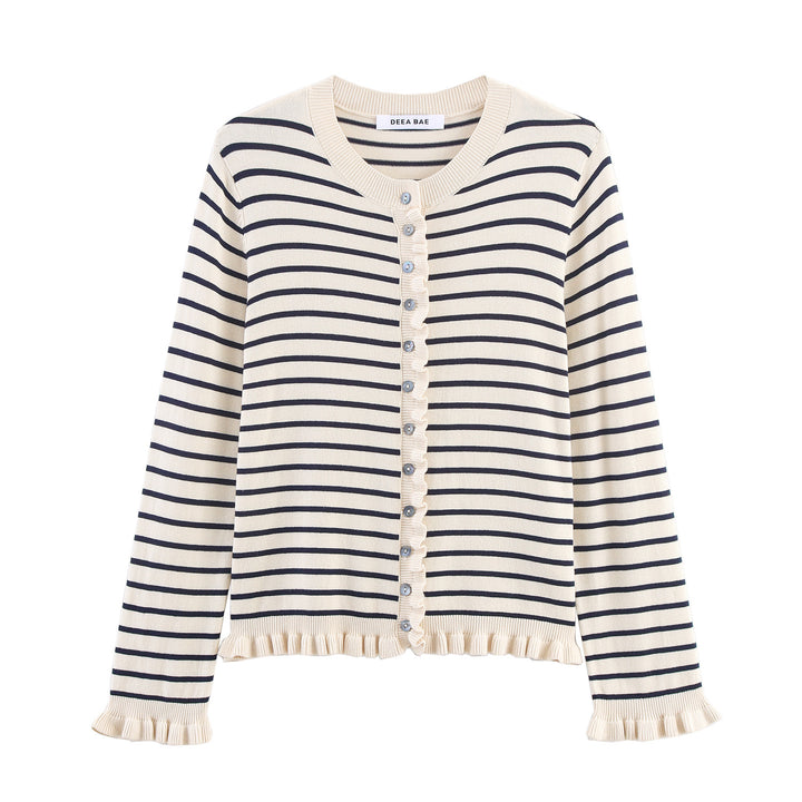 Damen Feiner Strickcardigan mit Rüschenblende und Perlmuttknöpfen Drune