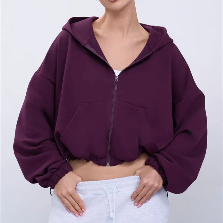 Damen legeres Cropped-Fleece-Hoodie mit Tunnelzugbund, Raglanärmeln und Reißverschluss Drune