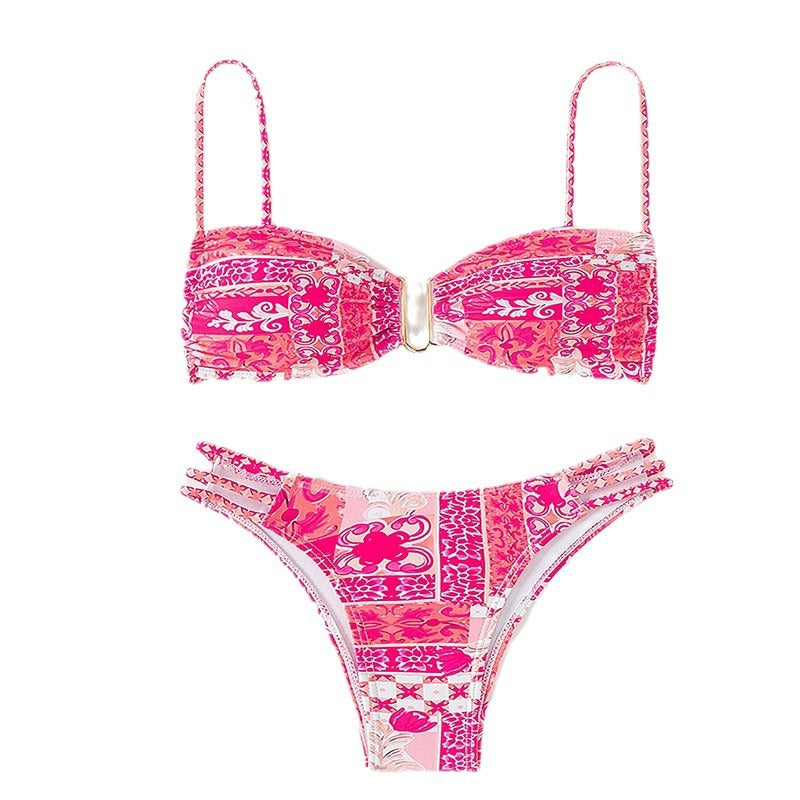 Damen Bandeau-Bikini mit raffinierten Rüschendetails und elegantem Muster Drune