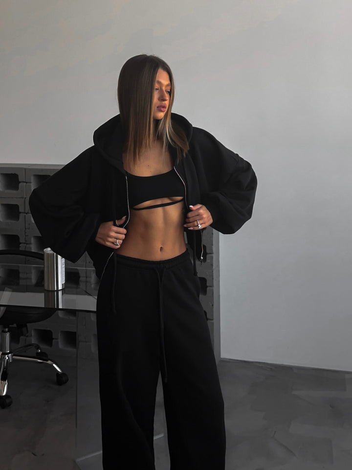 Damen kurzes Kapuzenzipper-Lounge-Set mit oversized Ärmeln und weitem Jogginghose-Schnitt Drune