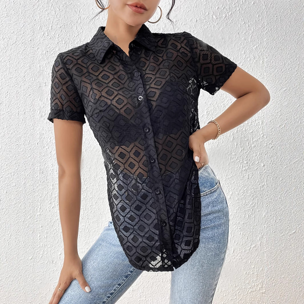 Damen nan taillierte bauchfreie Kurzbluse aus Ajour-Mesh mit Hemdkragen und Knotendetail Drune