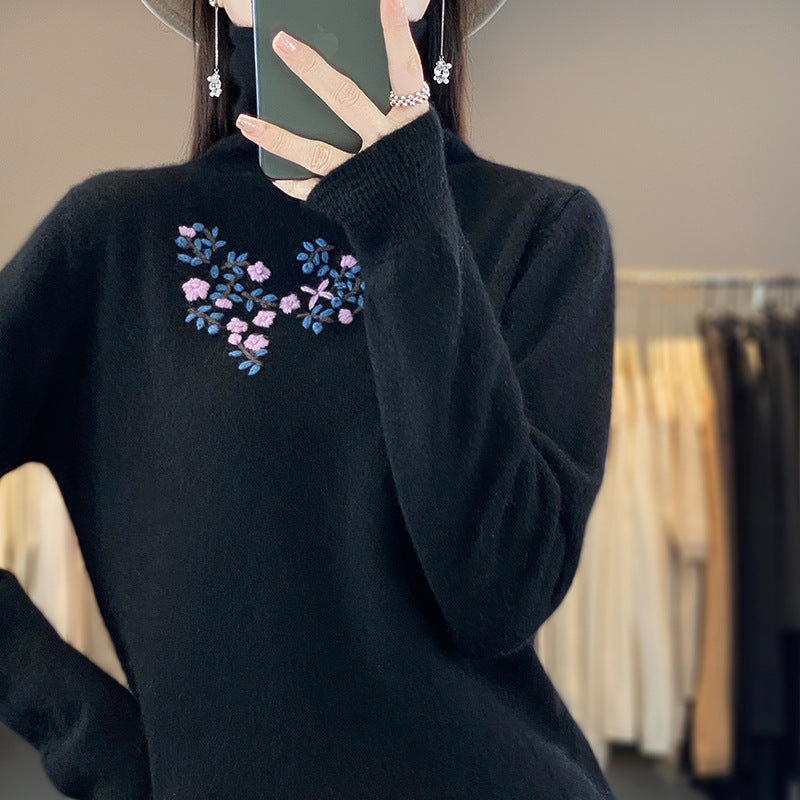 Damen Kaschmir‑Optik Rollkragenpullover mit zarter Blumenstickerei am Brustbereich Drune