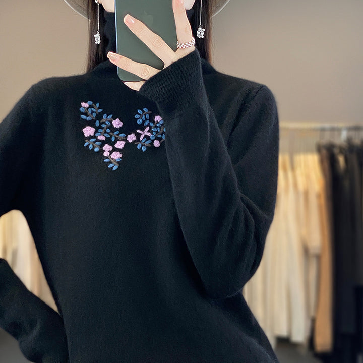 Damen Kaschmir‑Optik Rollkragenpullover mit zarter Blumenstickerei am Brustbereich Drune