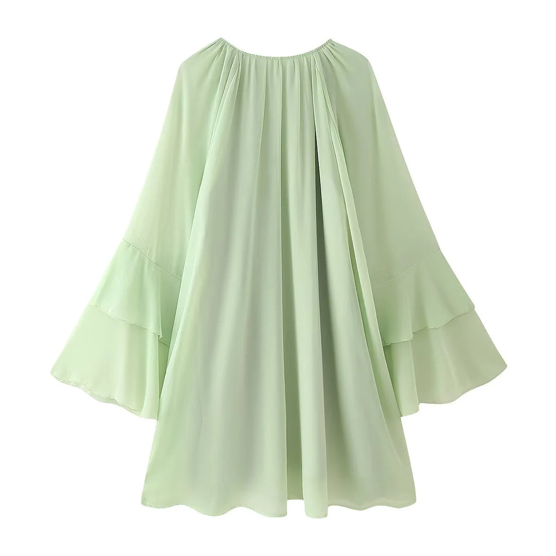 Damen nan fließendes Chiffon‑Midikleid mit Volantbesatz, weitem Glockenärmel und gerafftem Rundhalsausschnitt Drune