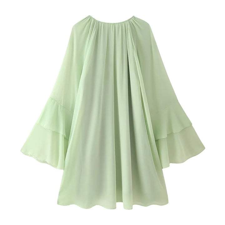 Damen nan fließendes Chiffon‑Midikleid mit Volantbesatz, weitem Glockenärmel und gerafftem Rundhalsausschnitt Drune