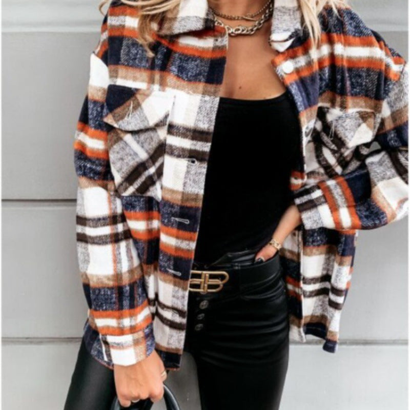 Damen Oversized Karo-Hemdjacke mit Druckknöpfen und aufgesetzten Brusttaschen Drune